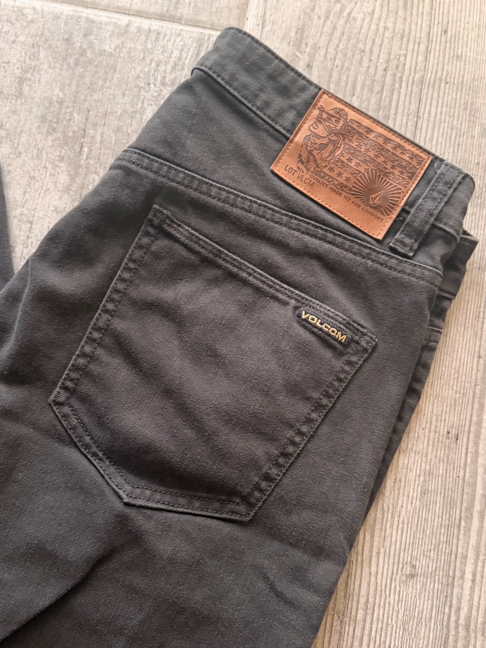 Volcom Men's Charcoal Slim Jeans with Leather Patch